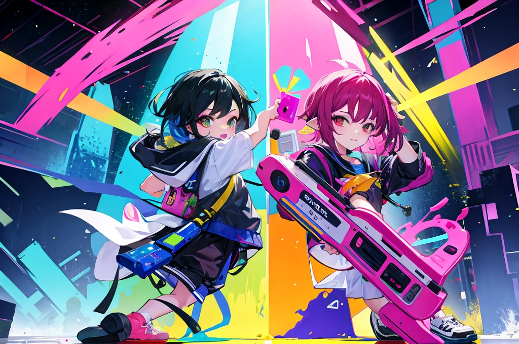 are playing Splatoon pretend,(playing with paint on each other using various gadgets),colorful stage,beautiful lighting, volumetric lighting, dynamic pose,sharp,