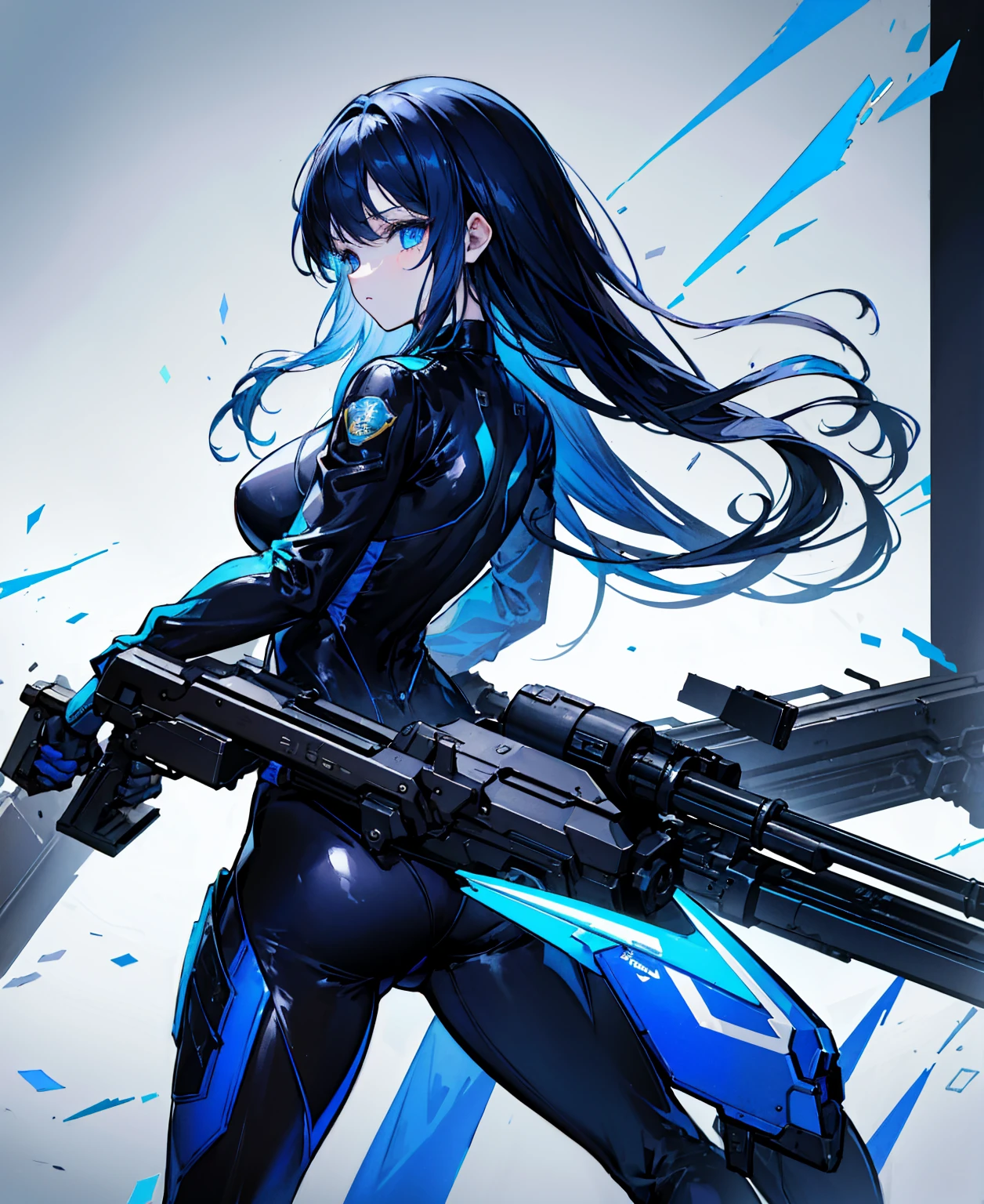 There is no background,girl,Carry a firearm,Patent leather tight suit,Use of firearms,Navy blue long hair,attention arousal,Blue colored eyes,No gradients