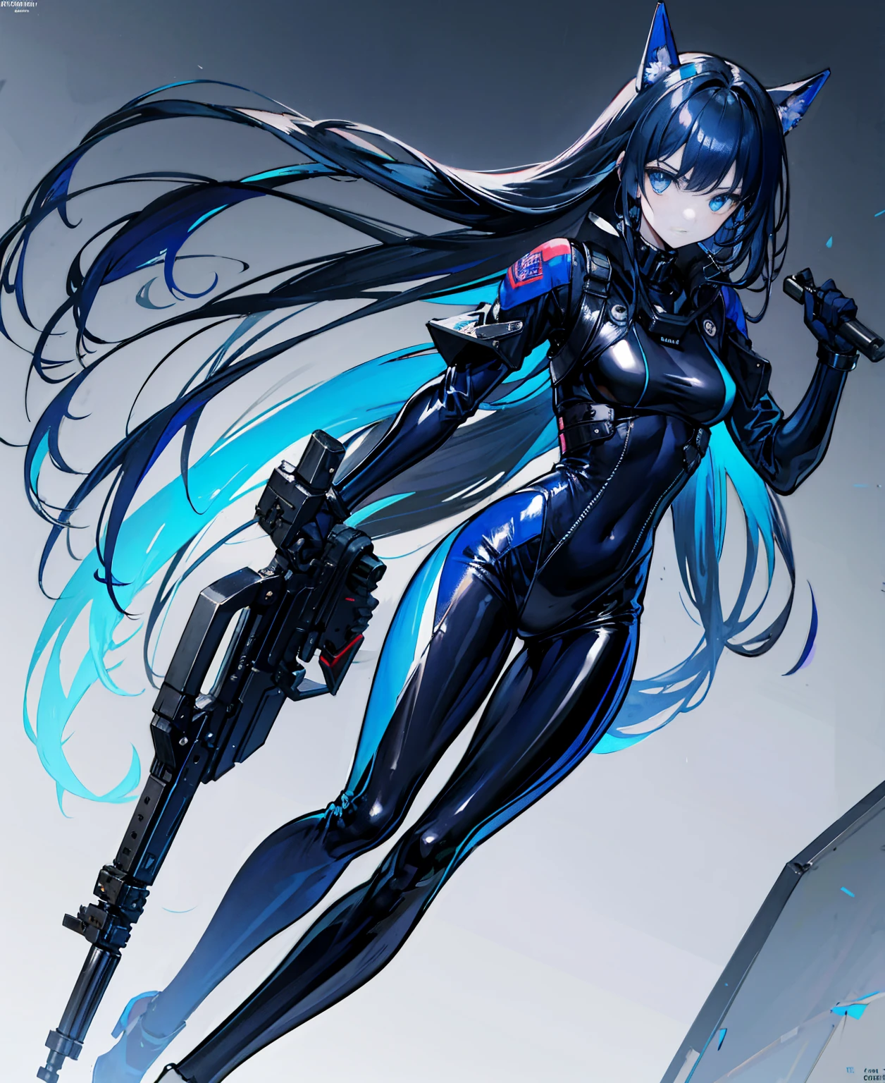 There is no background,girl,Carry a firearm,Patent leather tight suit,Use of firearms,Navy blue long hair,attention arousal,Blue colored eyes,No gradients