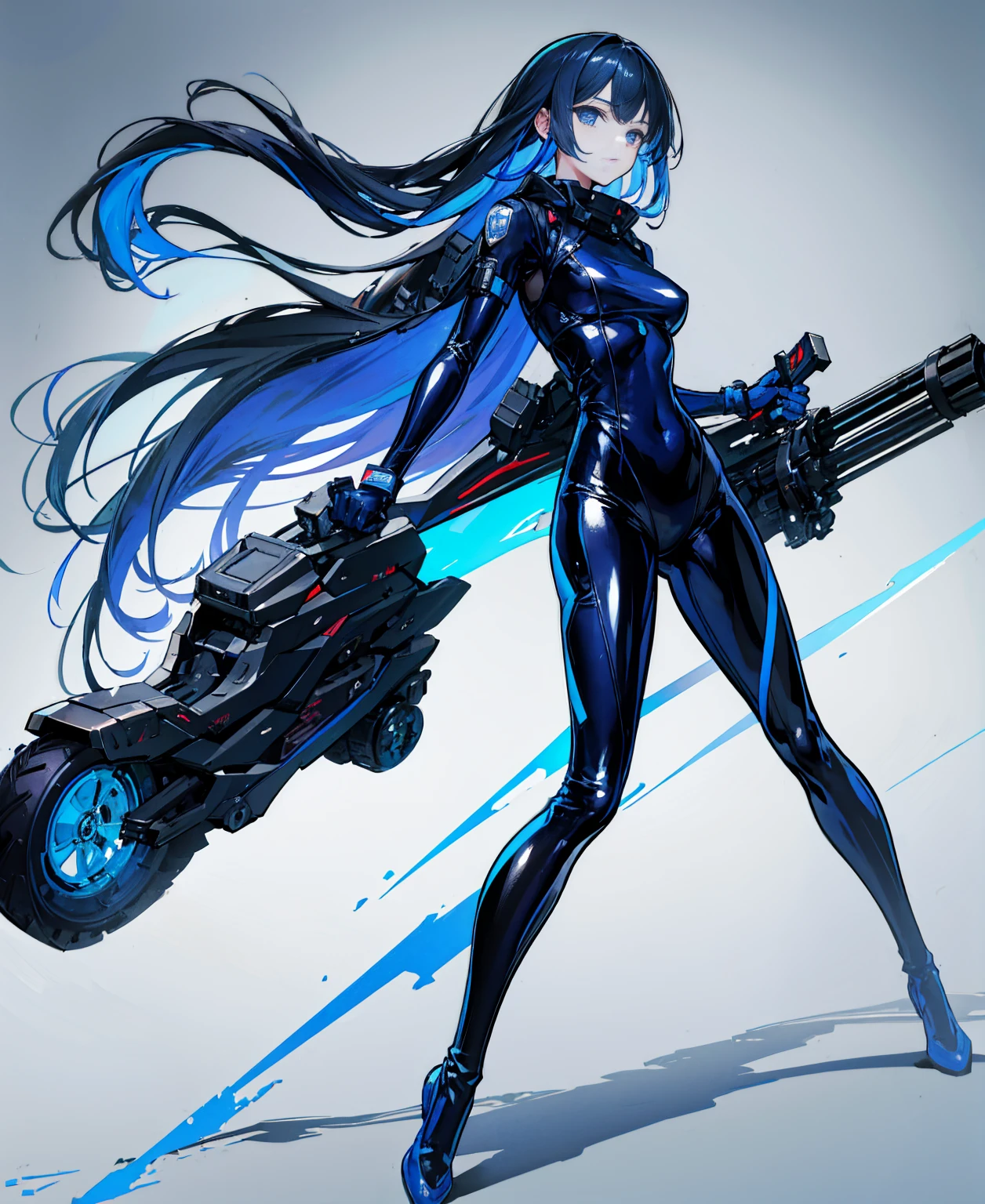 There is no background，girl，Carry a firearm，Patent leather tight suit，Use of firearms，Navy blue long hair，attention arousal，Blue colored eyes,No gradients