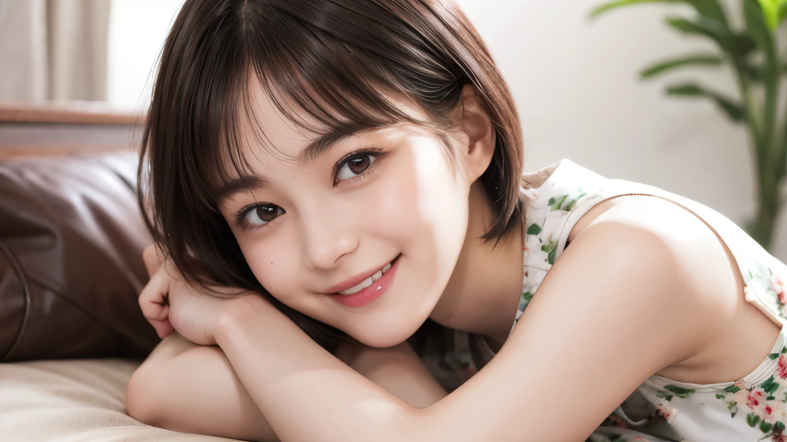 215 Short Hair, 20-year-old woman, A kind smile, Floral