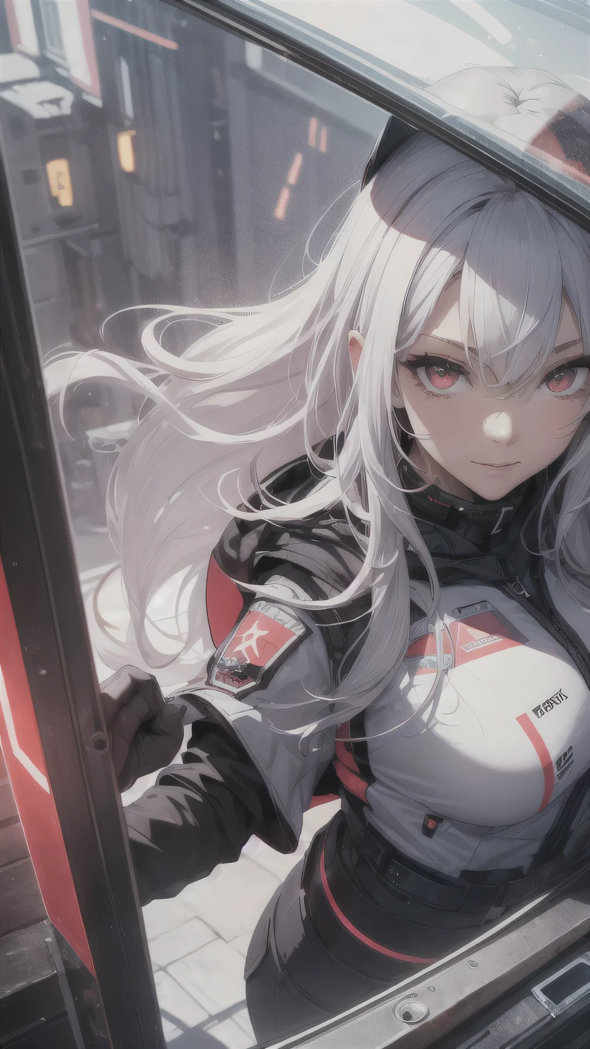 最high quality、Best image quality、masterpiece、girl((18-year-old、 By becoming、Best Bust、Medium Bust,Wide open breast tea、Red glowing eyes,Silver Hair、Disheveled Hair、Long Hair、thin,The highest valley、Open chest、White wristband、smile、hair ornamentany accessories、Black space suit、red body line、Angle from directly above、Transparent jacket、Show the whole body,)),high quality、Beautiful art、background((Institute for Space Research))、Flight、Flying debris、Written boundary depth、movie、Visual Arts、Perfect art、8K,Genuine、