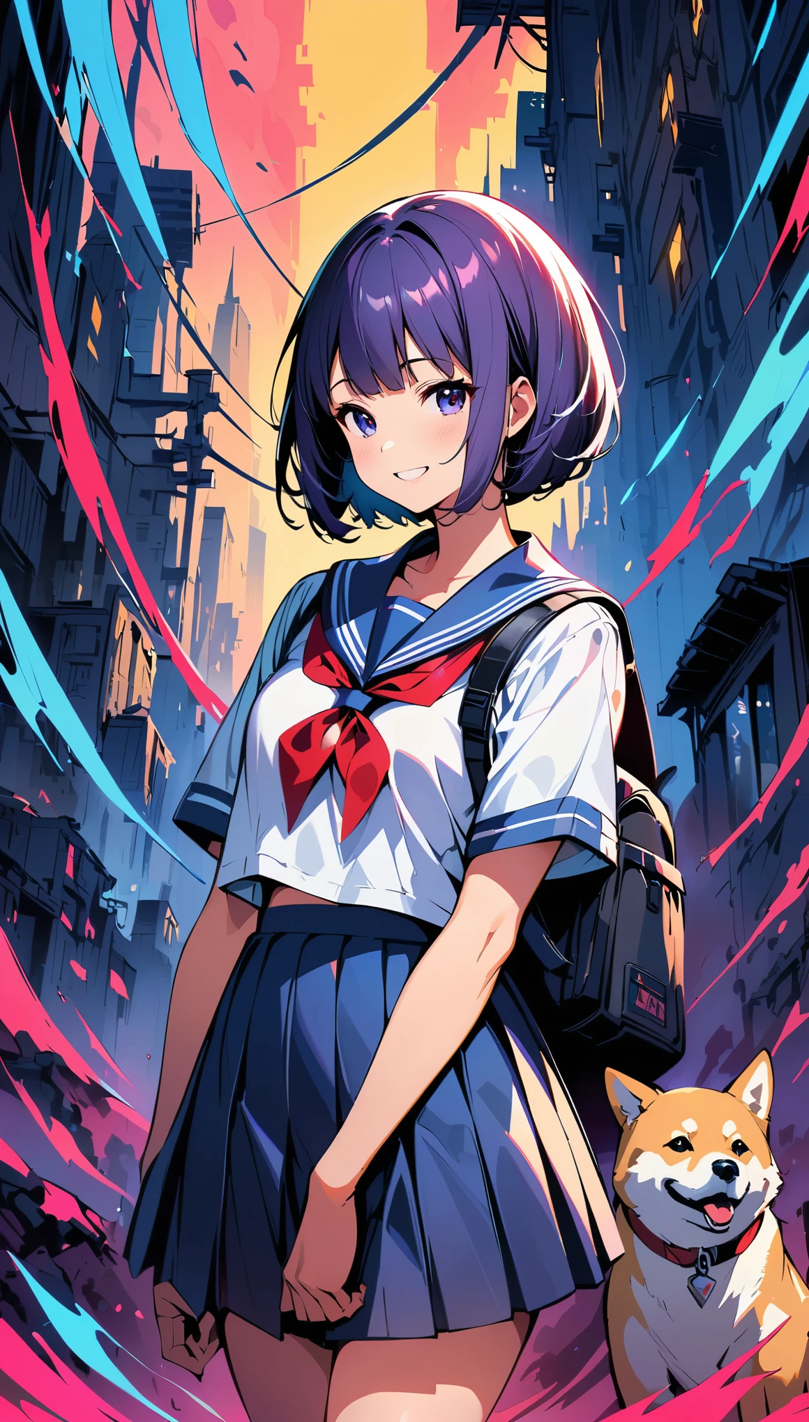 (highest quality:1.2, Very detailed, up to date, Vibrant, digital coloring, High Contrast, masterpiece:1.2, Best Quality, Best aesthetics), 1 female, Black purple hair, Short Bob Cut、Teardrop, I have a Shiba Inu, At the end of the world with a Shiba Inu, smile, JK, Short-sleeved sailor uniform, Pleated skirt, rucksack, A city with no one, End of the World, Ruined City, Dark color palette.