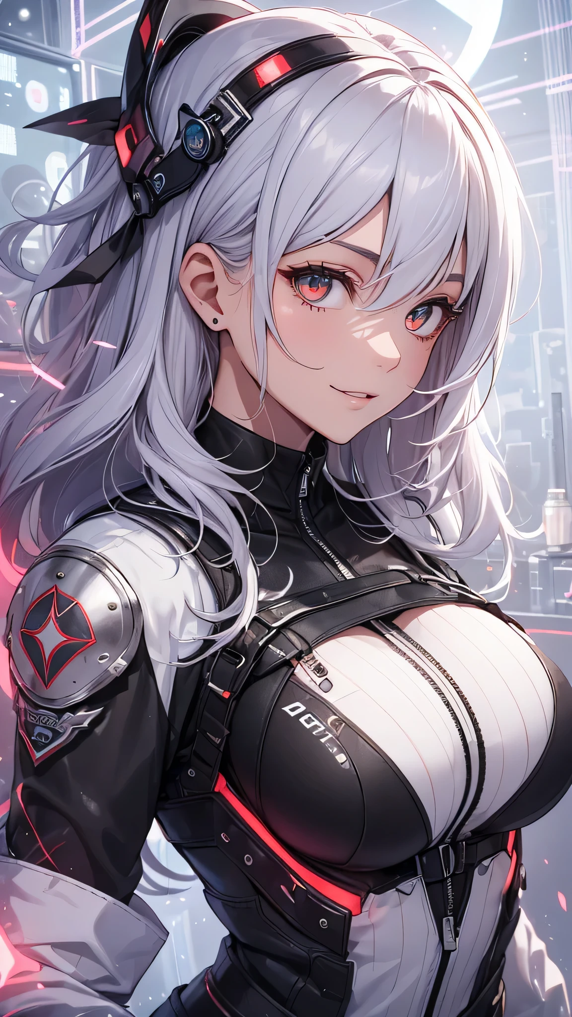 最high quality、Best image quality、masterpiece、girl((18-year-old、 By becoming、Best Bust、Medium Bust,Wide open breast tea、Red glowing eyes,Silver Hair、Disheveled Hair、Long Hair、thin,The highest valley、Open chest、White wristband、smile、hair ornamentany accessories、Black space suit、red body line、Angle from directly above、Transparent jacket、Show the whole body,)),high quality、Beautiful art、background((Institute for Space Research))、Flight、Flying debris、Written boundary depth、movie、Visual Arts、Perfect art、8K,Genuine、