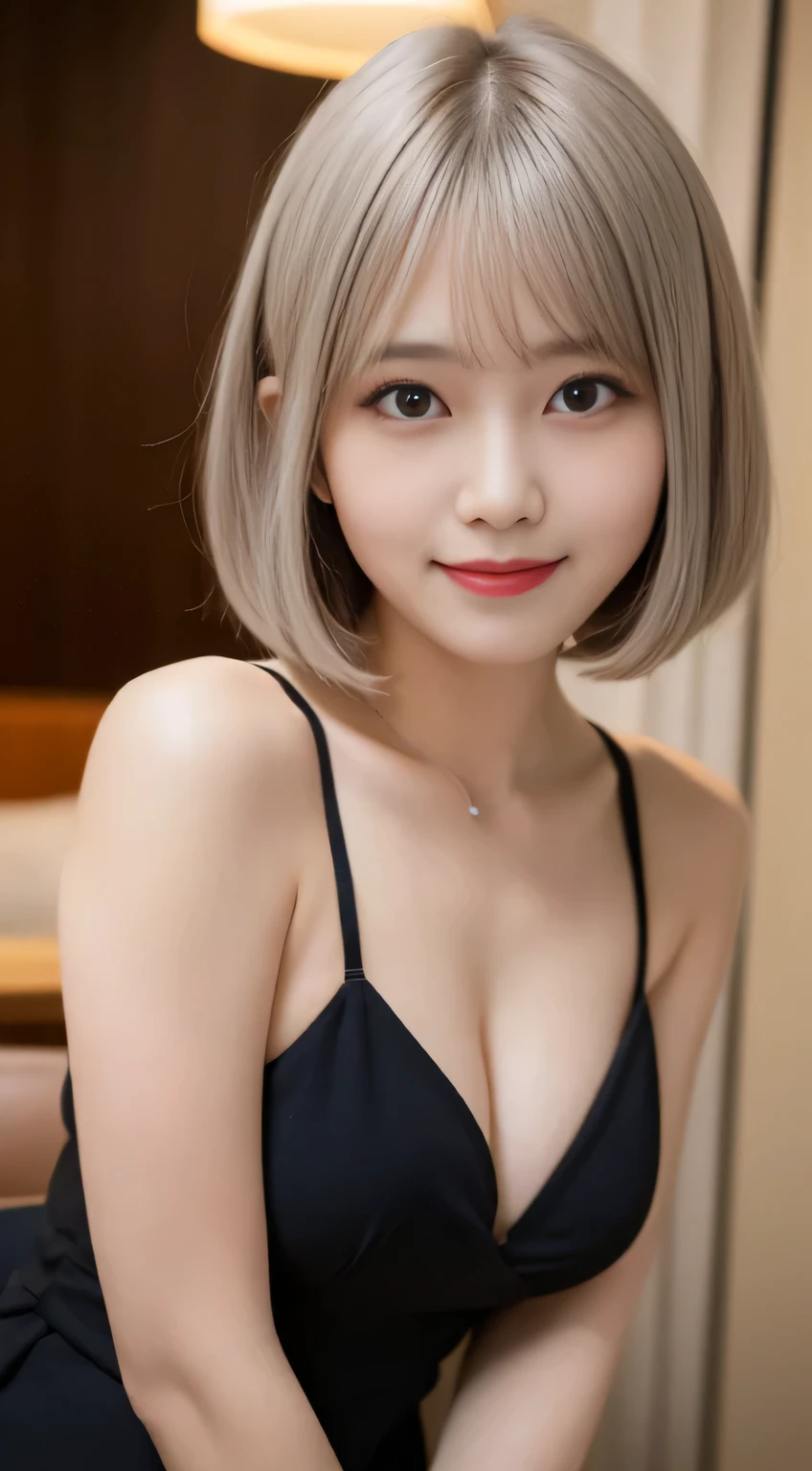 Tabletop, highest quality, shape, Very detailed, finely, High resolution, 8k wallpaper, Perfect dynamic shape, Finely beautiful eyes , Hotel(but),  Face,Ecstatic face,A face at the peak of  arousal,-excited face、Beautiful girl with silver hair and bob cut、Beautiful girl with flat and small 
