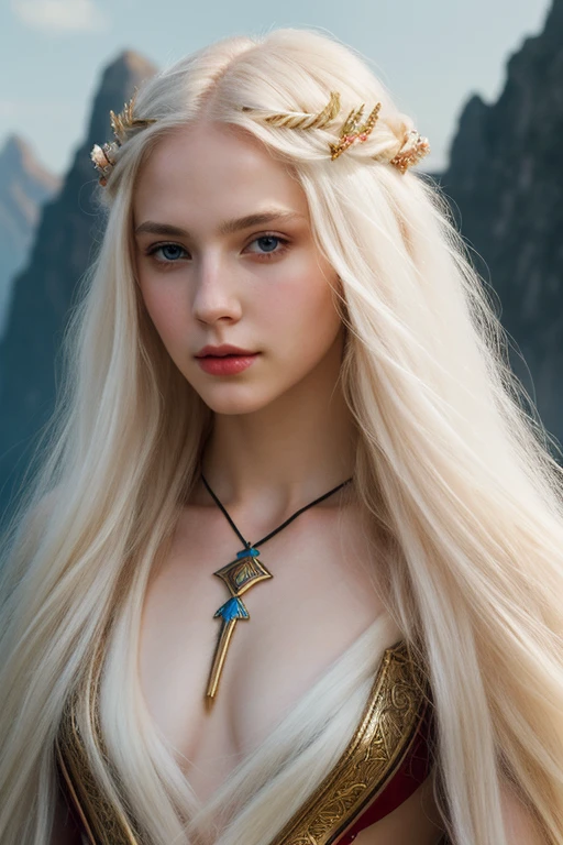 Portrait of a beautiful warrior woman, long white hair, soft hair, fair skin, rosy lips, half-body, mysterious setting, fantasy, top quality, clear colors, realistic artwork, many details, perfect, high quality, (8k)