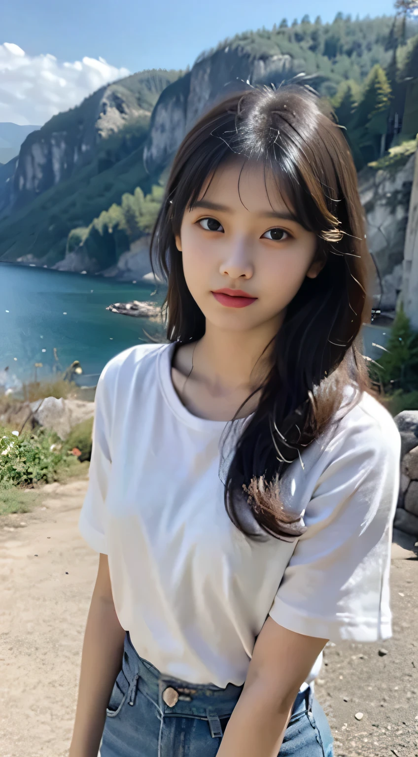 An indian girl,18 year old,standing at mountain