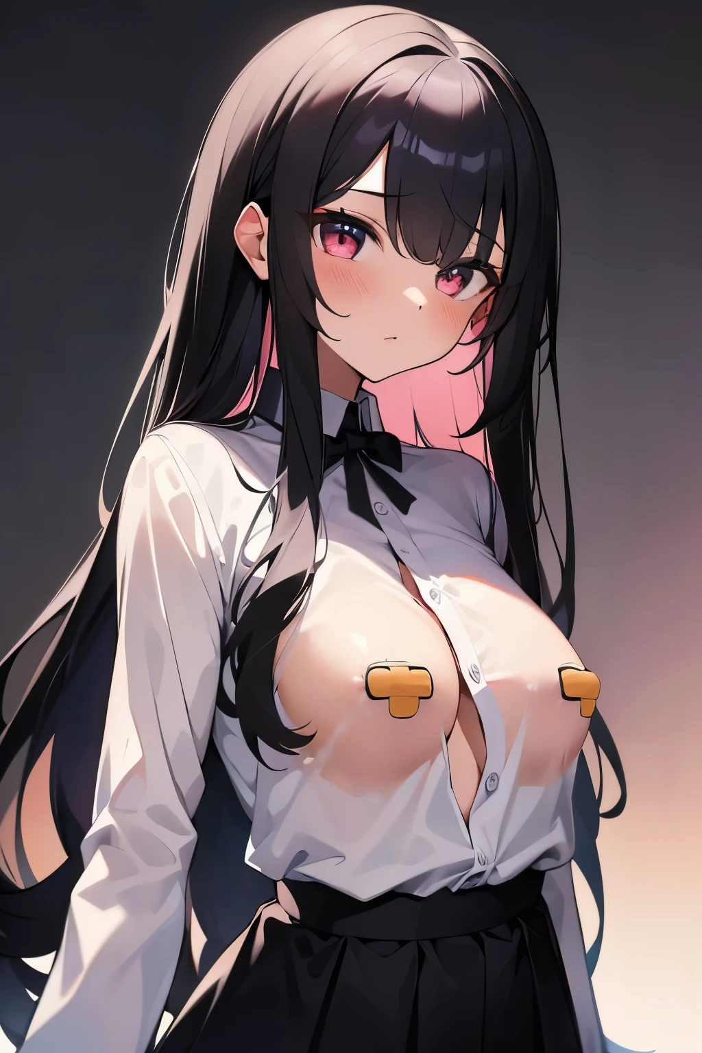 masterpiece, high quality,1girl,black long hair,White semi-transparent shirt, (bandaids_on_nipples, areola_slip, bandaid),small breasts,upper body