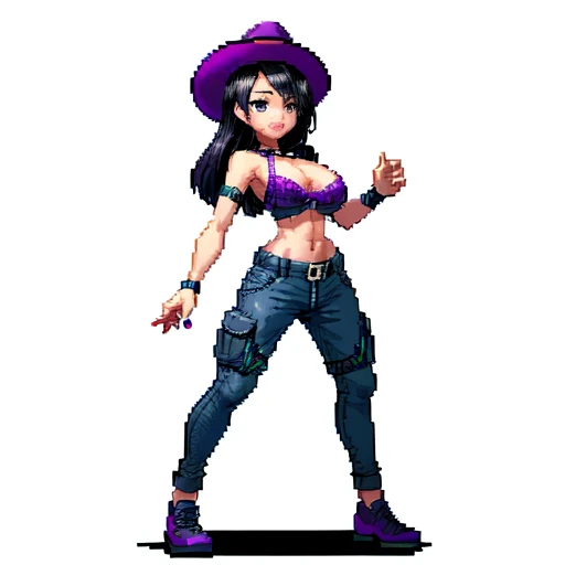 (masterpiece, top quality, best quality), pixel,pixel art,1girl,hat,purple bra,cargo pants,black hair,full body, 
 