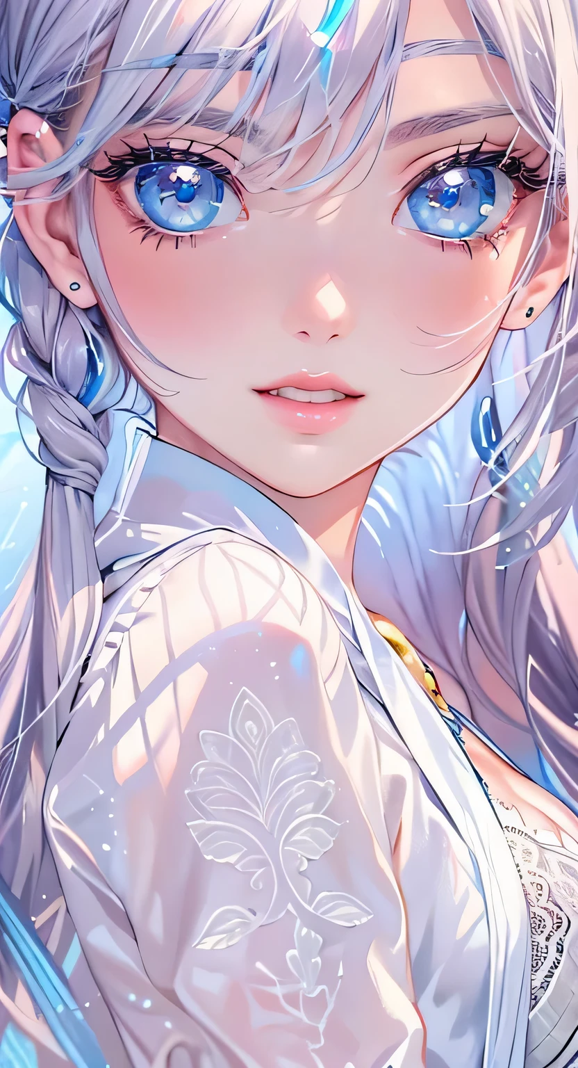((highest quality)), ((masterpiece)), (Get used to it), Perfect Face , masterpiece、highest quality、High resolution、High-quality images、8k, 1 female、Skin Radiance、Texture of skin and clothing、Expression of fine eyes、Glowing silver hair,Girl with long braided hair, Manga inspired by Lee Jong-suk, Trending on deviantart, realism, detailed manga style, Manga art style, Perfect Line Drawing, Beautiful line art, digital manga art girl, K-POPアイドル, beautiful light blue eyes, Lips become thicker, Gorgeous face with attention to detail, (Cute Smile), charm, Innocent, Side view, (Perfectly detailed face), (Beautiful Hands) Photorealistic images, Written boundary depth, 20th Generation ,beautiful girl , Chocolate Mint , Lace dress , Big Breasts , protruding shoulders , I can see her cleavage , Chocolate Mint , There is a lot of Chocolate Mint in the background ,