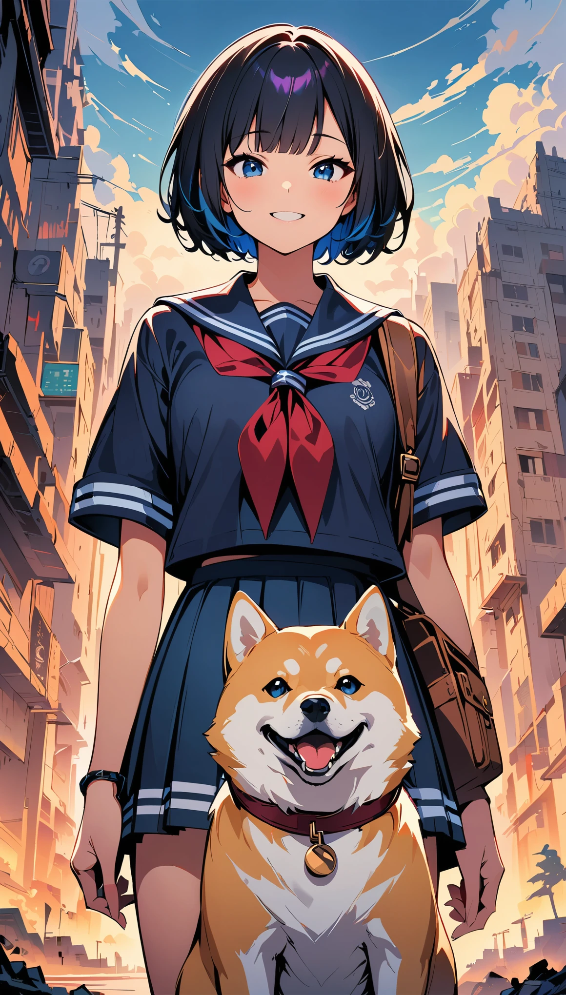 (highest quality:1.2, Very detailed, up to date, Vibrant, digital coloring, High Contrast, masterpiece:1.2, Best Quality, Best aesthetics), 1 female, Black Hair, [Purple Hair], Short Bob Cut, (left eye)Teardrop:1.2, I have a Shiba Inu, At the end of the world with a Shiba Inu, smile, JK, Short-sleeved sailor uniform, Pleated skirt, rucksack, A city with no one, End of the World, Ruined City, Ruined Tokyo, Dark color palette.