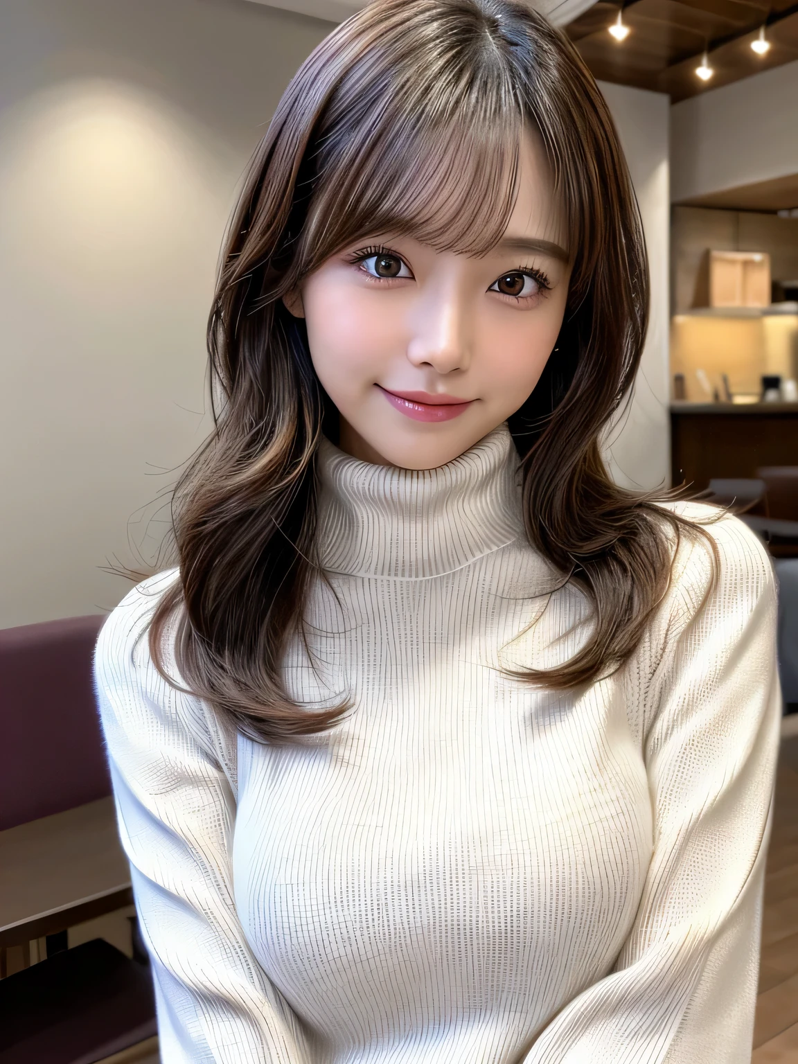 (8k, RAW Photos, highest quality, masterpiece, Very detailed:1.2),(Realistic, photo-Realistic:1.4), Sharp focus, Bokeh, detailed 8k background, Soft Light, Sigma 85mmF/1.4.
very cute japanese idol, cute, (Fine skin: 1.2), Porcelain-like skin, White skin, Very detailed face, Brown eyes, smile, Looking at the audience, Medium sized breasts, virgin killer sweater, (Sweater dress:1.2), Ribbed sweater,Side bust,Cleavage cutout, Turtleneck sweater,(White sweater:1.3),Crop Top Belly Button, (Box on the table, Tilt your head:1.2)
Cafe, indoor