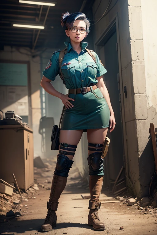 Wide angle, full body image, a pretty girl messenger, wearing large glasses, undercut hair, wearing postal uniform, in a post-apocalyptic world
