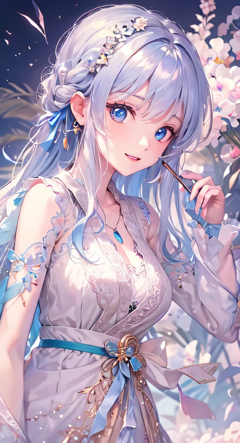((highest quality)), ((masterpiece)), (Get used to it), Perfect Face , masterpiece、highest quality、High resolution、High-quality images、8k, 1 female、Skin Radiance、Texture of skin and clothing、Expression of fine eyes、Glowing silver hair,Girl with long braided hair, Manga inspired by Lee Jong-suk, Trending on deviantart, realism, detailed manga style, Manga art style, Perfect Line Drawing, Beautiful line art, digital manga art girl, K-POPアイドル, beautiful light blue eyes, Lips become thicker, Gorgeous face with attention to detail, (Cute Smile), charm, Innocent, Side view, (Perfectly detailed face), (Beautiful Hands) Photorealistic images, Written boundary depth, 20th Generation ,beautiful girl , Chocolate Mint , Lace dress , Big Breasts , protruding shoulders , I can see her cleavage , Chocolate Mint , There is a lot of Chocolate Mint in the background ,