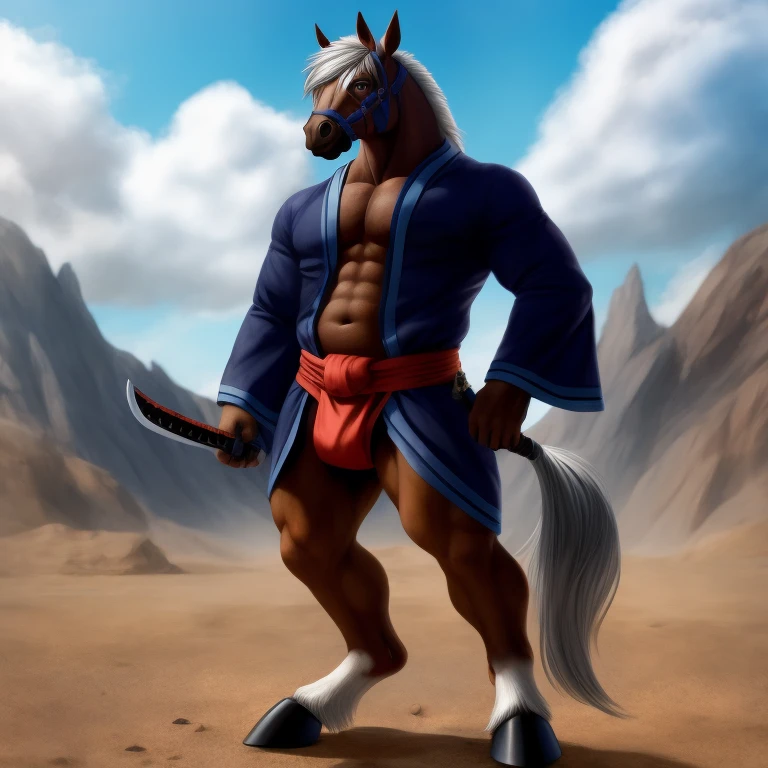Furry, Antro, Agresivo, [Horse color Negrol] , Half side pose , [Fundoshi Blanco Bulto Male Big], [(Fundoshi Blanco) ajustado], Solo, Clothes kimono Japones Masculino, Hatamoto, [Bulto Male Big], Bigg Balls, Hooves , (Tail Horse equine), Detallado 4k, cuerpo completo, cuerpo furry Black dark, Fonde de Desierto con Eclipse solar Total, Eyes Pupil Marron, Alta resolucion, silver Hair, Espada Katana Japonesa, Clothes China, Ropa Tradicional, cinturon de Cuerda Blanca