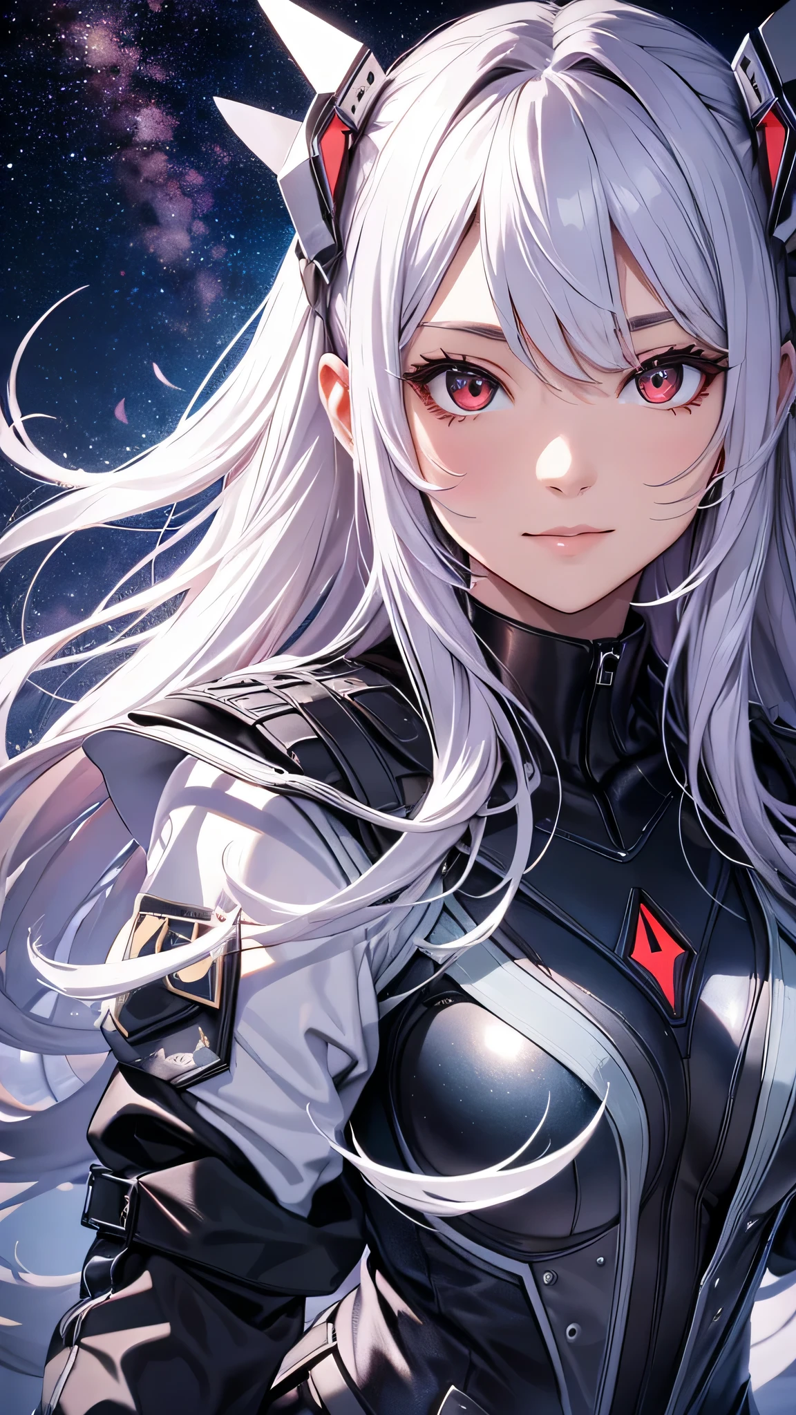 最high quality、Best image quality、masterpiece、girl((18-year-old、 By becoming、Best Bust、Medium Bust,Wide open breast tea、Red glowing eyes,Silver Hair、Disheveled Hair、Long Hair、thin,The highest valley、Open chest、White wristband、smile、hair ornamentany accessories、Black space suit、red body line、Angle from directly above、Transparent jacket、Show the whole body,Floating State)),high quality、Beautiful art、background((Institute for Space Research))、Flight、Flying debris、Written boundary depth、movie、Visual Arts、Perfect art、8K,Genuine、