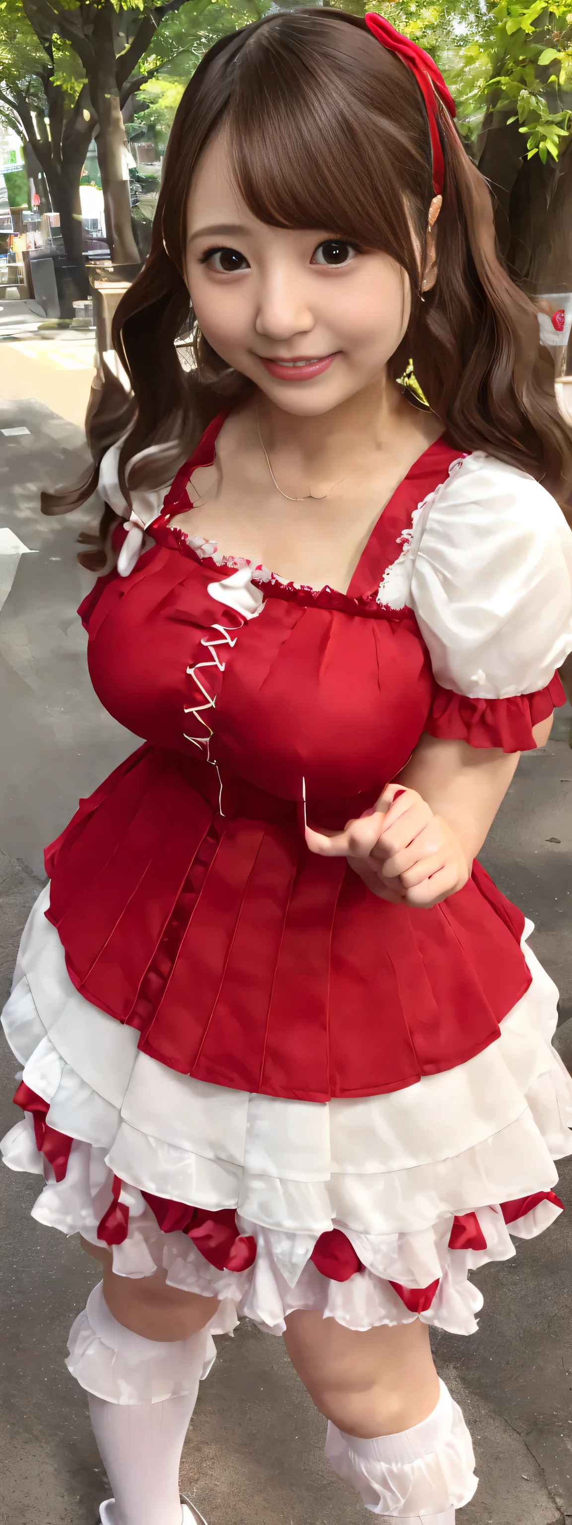 (Realistic:1.3), finely, quality, Rembrandt Lighting, (Tabletop:1.2), (Realistic:1.2), (highest quality), (Fine skin:1.3), (ComplexDetails), dramatic, Ray Tracing, 1 girl, Japanese Girls, 42 years old、Big eyes、((deep double eyelids:1.25)), cute duck mouth, smile, Twin tail hair, Twin Loop Hair, parted bangs, 42 years old, Very large and ample breasts, jirai fashion, Red-themed Gothic ta fashion、Short dress, Frills, Race, ribbon, Complex, (Tokyo Street, Harajuku, May, sunny day), Browsing Caution, (height: 148cm), ((((Very accurate and correct anatomy)))), 