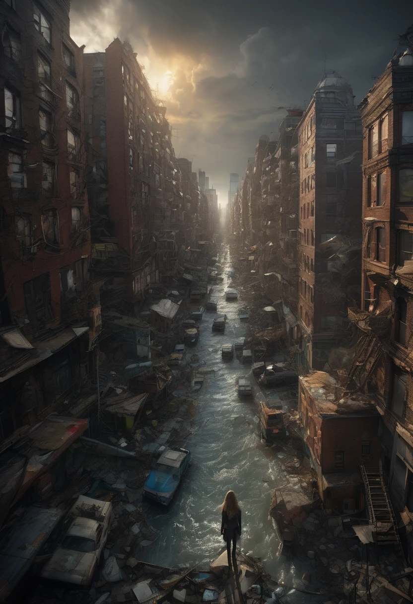 1girl, Post-Apocalyptic Wasteland, Apocalyptic destroyed Manhattan Island and New York, after a tidal wave, Epic cinematic brilliant stunning intricate meticulously detailed dramatic atmospheric maximalist digital matte painting, horror Gustave Doré Greg Rutkowski