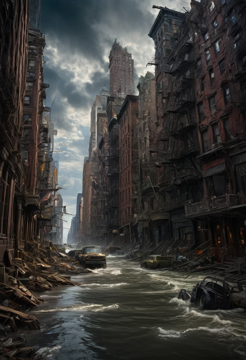 Broken roads, broken vehicles, ruined cities, tall buildings, a large number of hungry zombies, scenes of crows circling, moss covered with wheels and pavement, also crawling all over the city and tall buildings, under the inky black sky, everything shows apocalyptic despair. High-quality 8K, super details bring every detail to life.