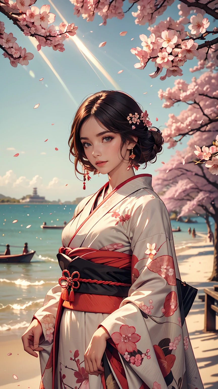 One girl,Black Hair, floating hair, Seaside,景color,landscape,cherry blossoms, Falling petals, Sunbeam,God's Rays,Upper Body, color,dress,kimono