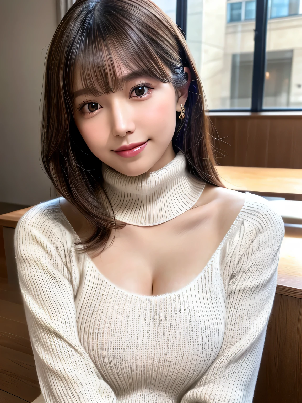(8k, RAW Photos, highest quality, masterpiece, Very detailed:1.2),(Realistic, photo-Realistic:1.4), Sharp focus, Bokeh, detailed 8k background, Soft Light, Sigma 85mmF/1.4.
very cute japanese idol, cute, (Fine skin: 1.2), Porcelain-like skin, White skin, Very detailed face, Brown eyes, smile, Looking at the audience, Medium sized breasts, virgin killer sweater, (Sweater dress:1.2), Ribbed sweater,Side bust,Cleavage cutout, Turtleneck sweater,(White sweater:1.3),Crop Top Belly Button, (Box on the table, Tilt your head:1.2)
Cafe, indoor