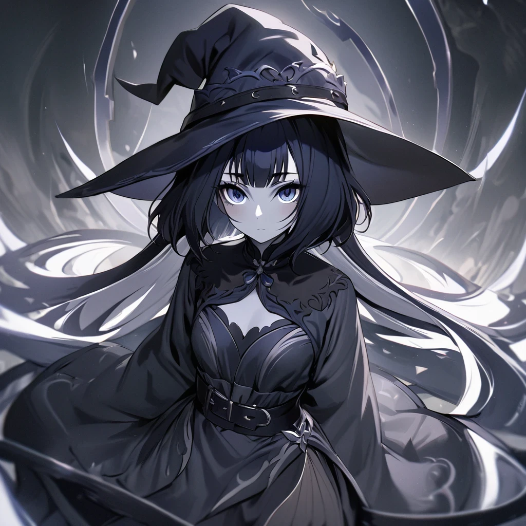 (shylily/(Twich/):1.5),(masterpiece:1.2),(best quality:1.2),, (1girl:1.3),,black dress,(pale skin), gothic ta outfit,ruffled dress, witch hat,beautiful and detailed face, detailed eyes,looking at viewer,small chest,((grey theme)),expressionless