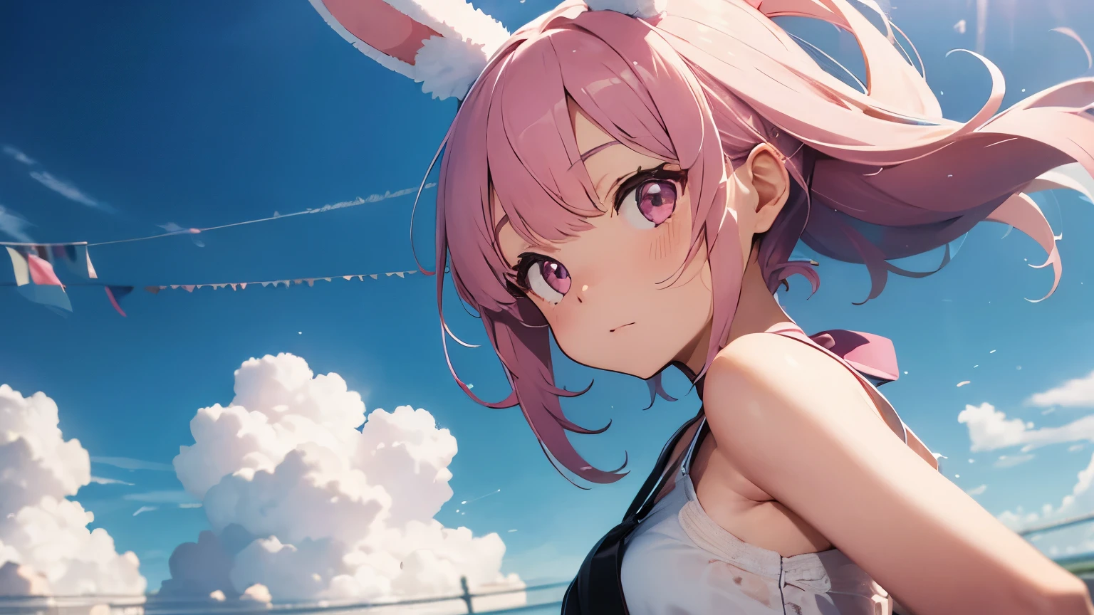 highest quality, pretty girl, pastel colour, Fluffy bunny ears, pink short bob,Pale pink eyes,On the ship、Party