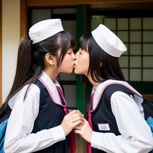 Two Japanese junior high school girls in revealing uniforms kissing