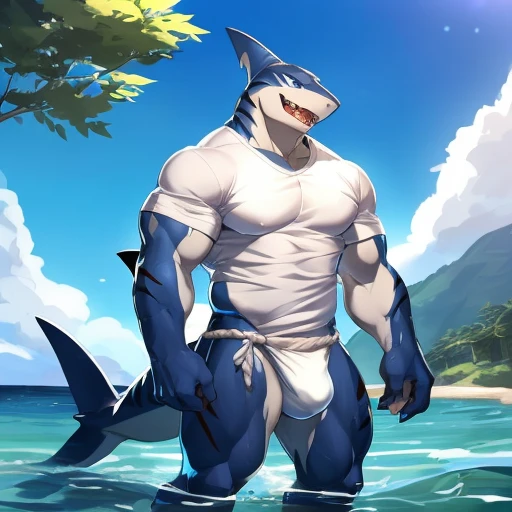 hi res,(shark, finless shark), not furry, anthro, aqua blue eyes, white fundoshi, bulge, male, muscular, muscular anthro, muscular male, tail, outside, plant, light blue body, sea, solo, tree, (water), detailed background,by milkytiger1145,by takemoto arashi,by null-ghost, cold atmosphere, open smile, soft blue blush, muscular thighs, thick thighs, wide hips, single fin, ((white shirt, white shirt)),