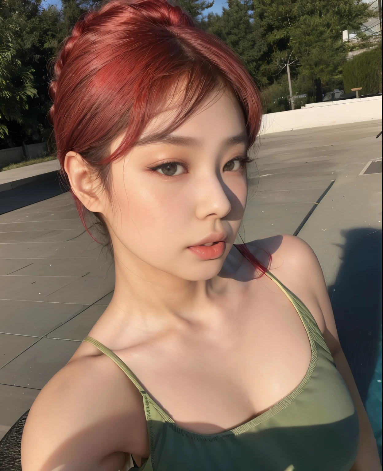 arafed woman with red hair and a green top posing for a picture, ulzzang, beautiful south korean woman, korean girl, sun yunjoo, heonhwa choe, kim doyoung, gorgeous young korean woman, beautiful young korean woman, headshot profile picture, popular south korean makeup, popular korean makeup, jinyoung shin, with short hair