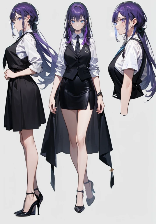 ((Perfect Face)),Purple Hair,voluminous long hair,1 female,bartender,suit,Black vest,Shirt with rolled up sleeves,tie,slit,High heels,,((Simple Background)),smile,((whole body)),((whole body)),Portraiture,virtual,upright,,Both arms are down,Standing upright with face and body facing forward,