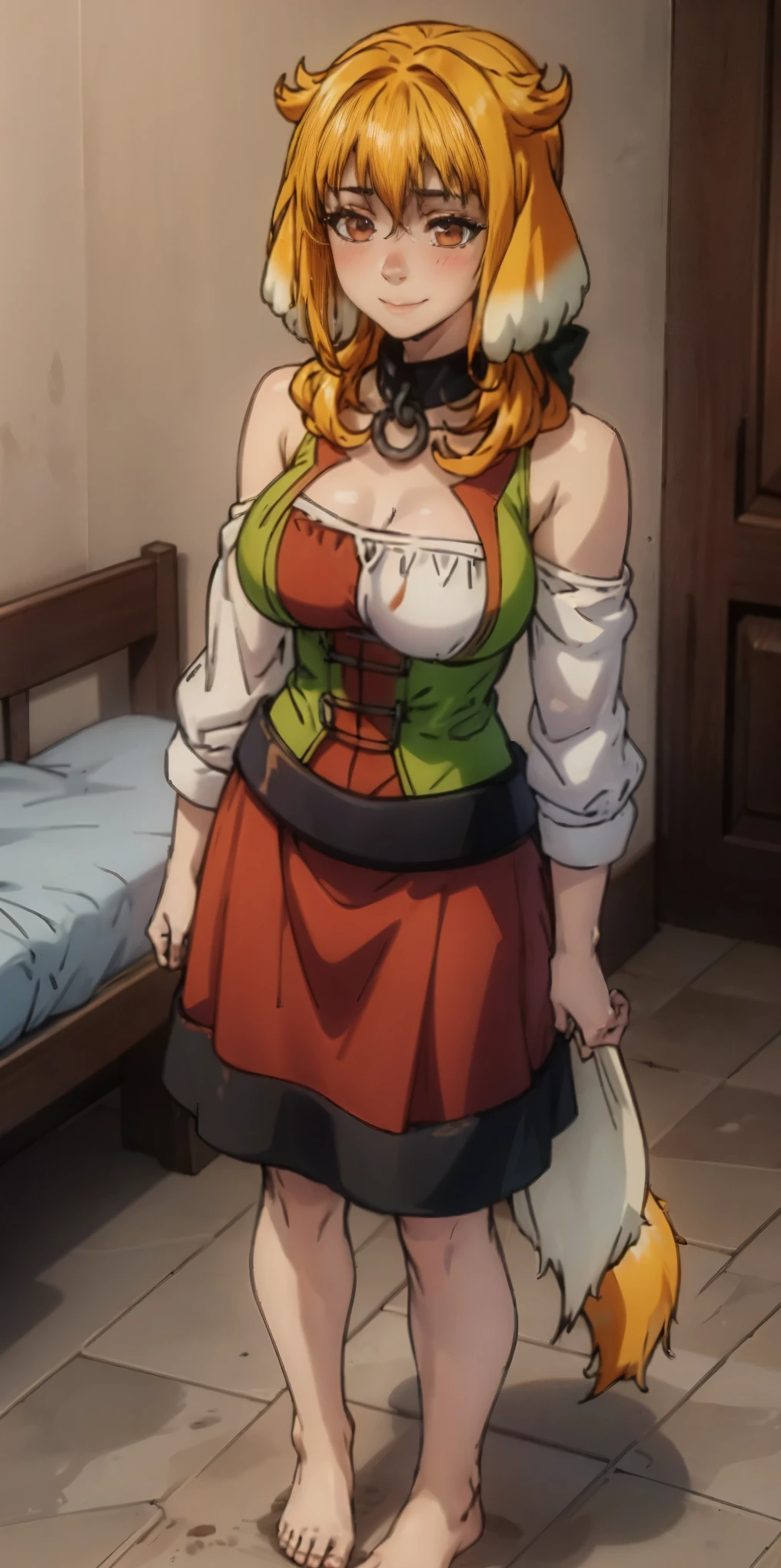 Roxanne Demin kin 1girl, solo, medium breasts, Body position: Standing, straight, symmetrical, barefoot, Lustful smile on face with red blush, fluffy ears, dog ears, blonde hair