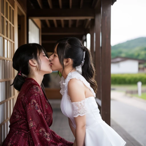 Two Japanese girls in revealing clothes kissing
