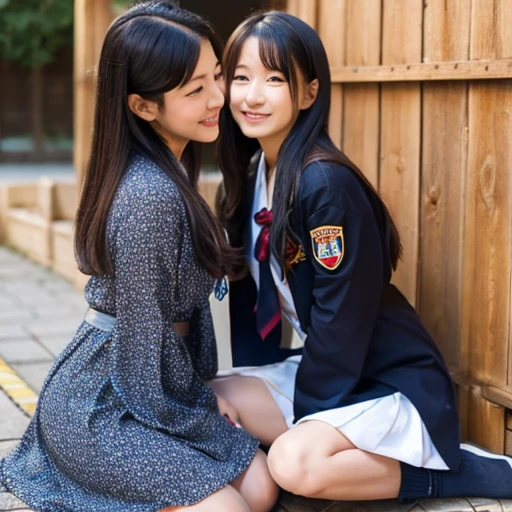 Two Japanese girls in revealing clothes kissing