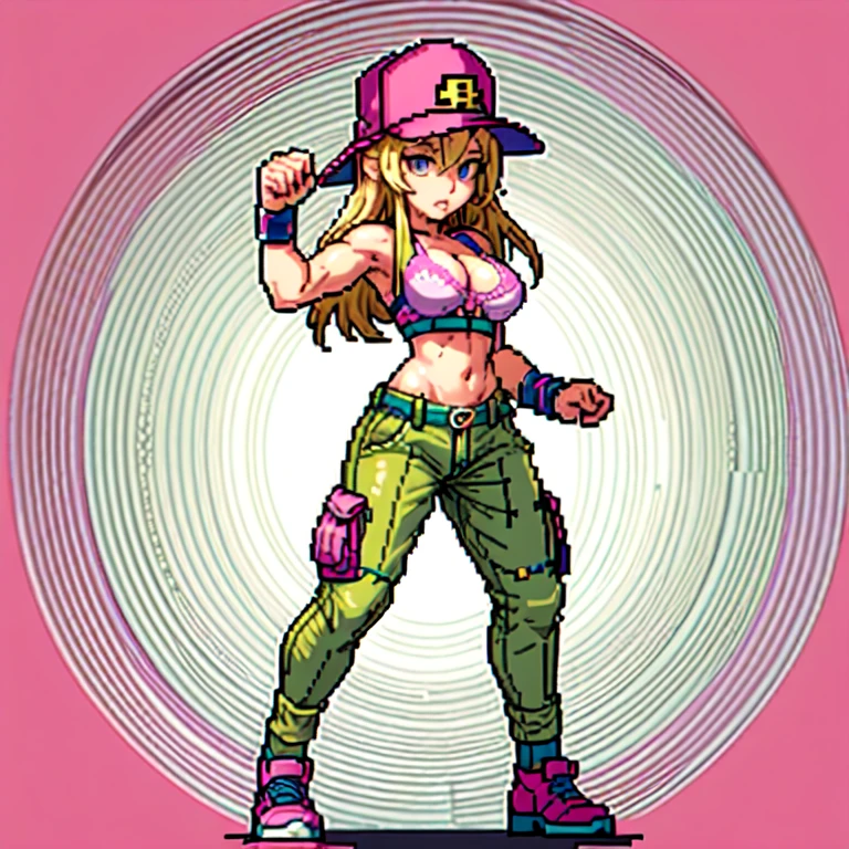 (masterpiece, top quality, best quality), pixel,pixel art,1girl,hat,pink bra,cargo pants,blonde hair,punch power,full body, 
 