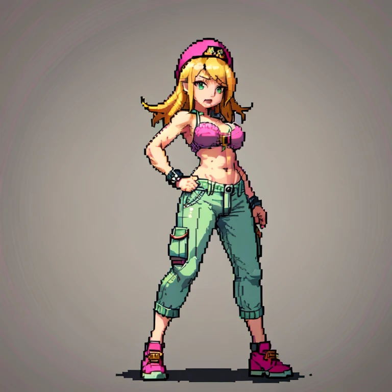 (masterpiece, top quality, best quality), pixel,pixel art,1girl,hat,pink bra,cargo pants,blonde hair,punch power,full body, 
 