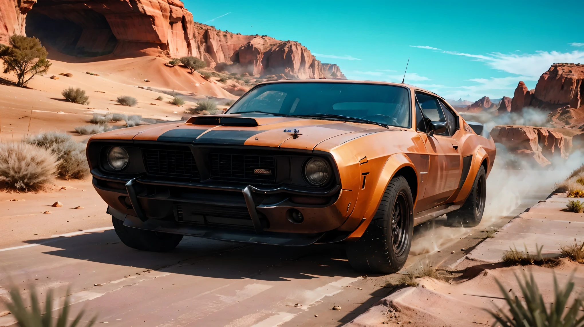 (highest quality:1.2, Very detailed, High Contrast, masterpiece:1.2, Best Quality, Best aesthetics), Mad Max, Ford Falcon XB, V8 Interceptor, supercharger, Equipped with twin overhead cams, A jet-black special pursuit vehicle tuned up to 600 horsepower., Running in the wilderness, Sand Dust, Dynamic Angle, Cinema lighting, Dynamic light and shadow,High resolution, Sharp focus, Speed, Uplifting, Rich colors, beautiful, Correct perspective, background blur taste,