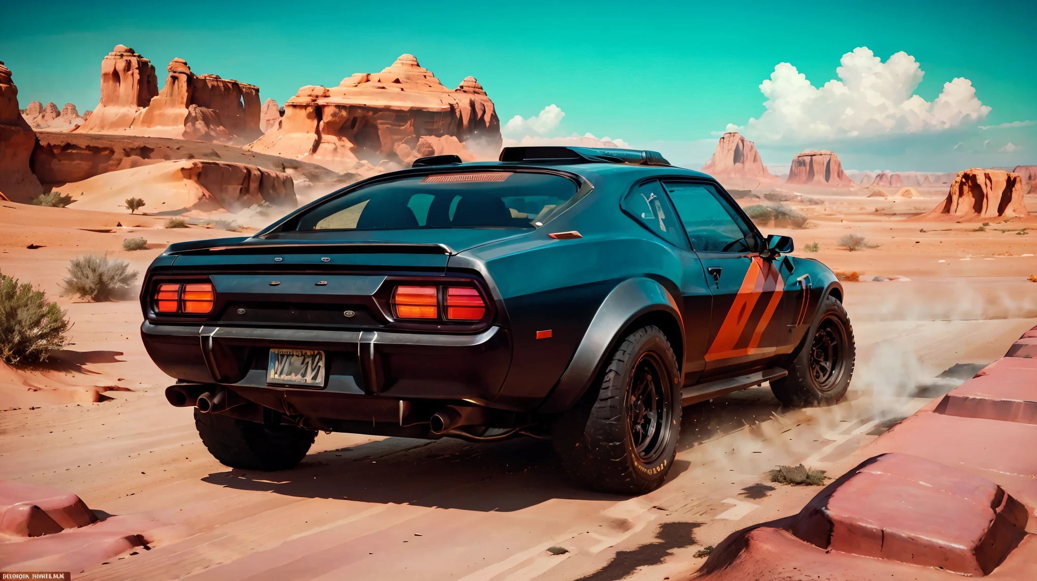 (highest quality:1.2, Very detailed, High Contrast, masterpiece:1.2, Best Quality, Best aesthetics), Mad Max, Ford Falcon XB, ((Black coloring)), V8 Interceptor, supercharger, Equipped with twin overhead cams, A jet-black special pursuit vehicle tuned up to 600 horsepower., Running in the wilderness, Sand Dust, Dynamic Angle, Cinema lighting, Dynamic light and shadow,High resolution, Sharp focus, Speed, Uplifting, Rich colors, beautiful, Correct perspective, background blur taste,