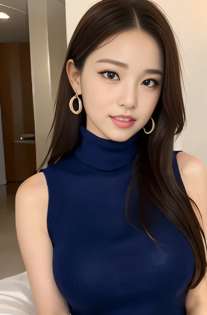 (((Violet Sleeveless Turtleneck Knit Dress:1.2)))、(A pure and elegant girl)、(Cowboy Shot:1.2)、(Focus on face and chest)、Big Breasts、(Luxury:1.2)、From above、(Straight Hairstyles、brown hair、Medium Long Hair)、Highly detailed face and skin texture、Detailed eyes、double eyelid、Pale Cheeks、 Small shiny necklace and earrings、glossy lips:1.4、Pure white skin:1.2、((Big Breasts:1.2))、Close your eyes and ask for a kiss:1.2