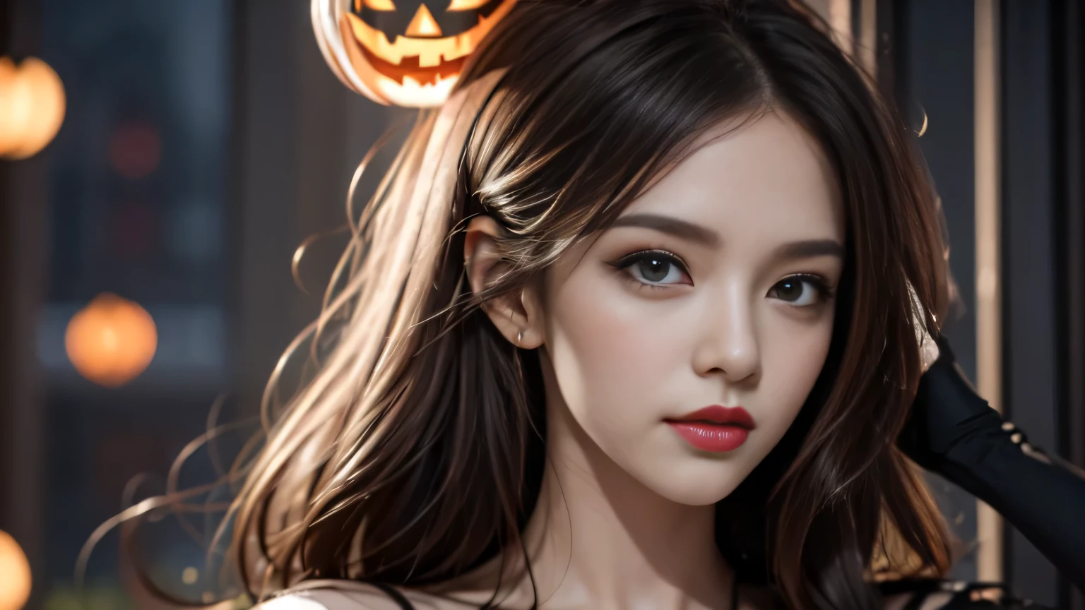 Black hair, Hair shaking, victory, Long eyelashes, Solid round eye, A faint smile, ears red, direction, Surrealism, shadow, Relief, Stereogram, Standing picture, View, Atmospheric perspective, 8k, Super Detail, precise, best quality,Full body portrait,black boots,Black。Female magician。Ms. Alafia, wearing a black dress, stands in front of a row of carved pumpkins, halloween atmosphere, halloween night, in a halloween style, halloween theme, halloween art style, halloween, Terrible but charming, Beautiful witch spooky woman, Beautiful witch, halloween celebration, spooky halloween night, trick or treat, halloween scene, Beautiful witch,