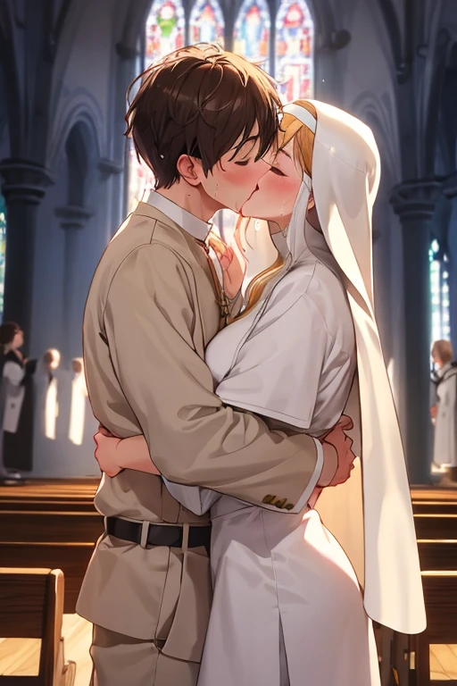 masterpiece, best quality, unity 8k wallpaper, illustration, very detailed, ((happy kiss, 1 woman,1 male, first sound)), whole body, naked, whole body , sweat , Warmth, Warmth, Hard, big bust, (In the Church))(((kiss)))(Nun)