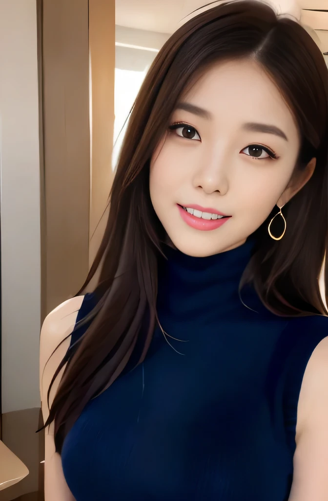 (((Violet Sleeveless Turtleneck Knit Dress:1.2)))、(A pure and elegant girl)、(Cowboy Shot:1.2)、(Focus on face and chest)、Big Breasts、(Luxury:1.2)、From above、(Straight Hairstyles、brown hair、Medium Long Hair)、Highly detailed face and skin texture、Detailed eyes、double eyelid、Pale Cheeks、 Small shiny necklace and earrings、glossy lips:1.4、Pure white skin:1.2、((Big Breasts:1.2))、Close your eyes and ask for a kiss:1.2