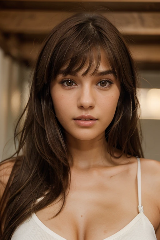 Portrait of a 23-year-old woman with long, light-brown hair, small bangs and light-brown eyes. She has a tanned complexion, a drawn look and the face of an international model.