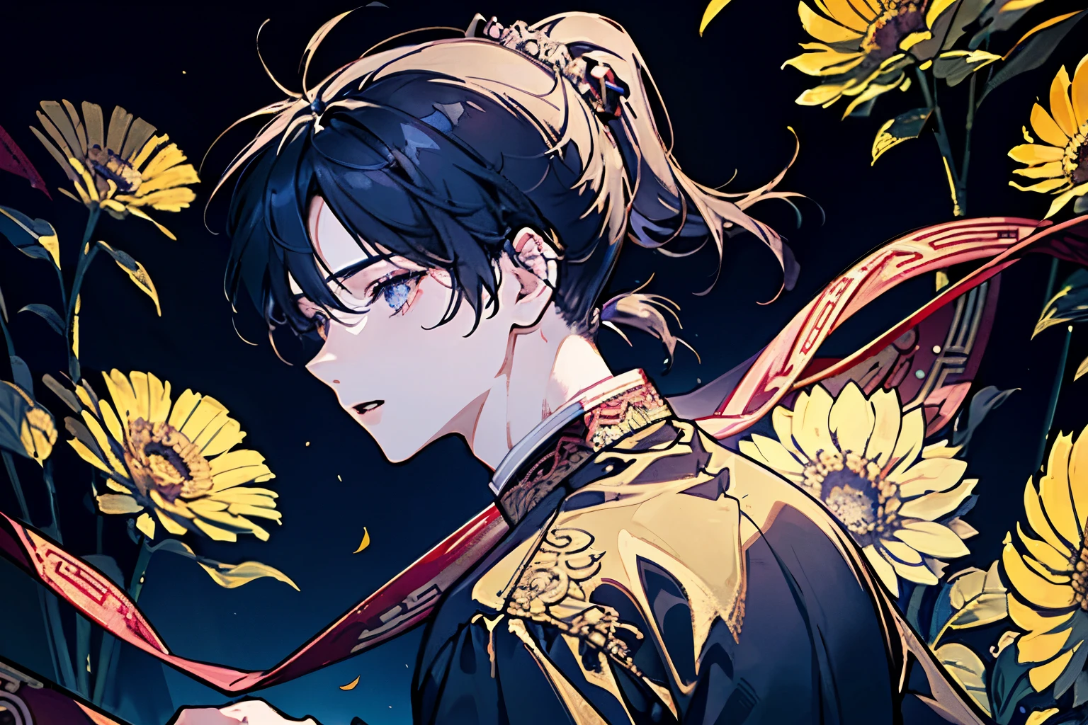 ((A boy )),(Ancient Chinese style war god costume),(ponytail:1.5),((Fantasy)),(Bright atmosphere background),((In combat)),(battlefield),(sword:1.3),((Active Movement)),(A lot of large flowers are overflowing),
