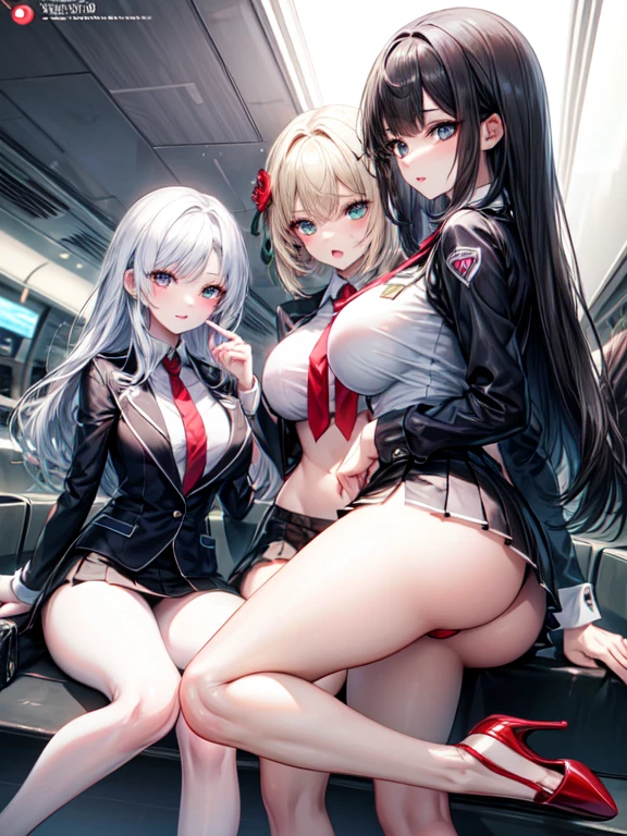 masterpiece, highest quality, Official Art, very detailed, Perfect hands, Perfect Eyes,(((Three Girls))), flight attendant, Open front uniform, Tight uniform, High heels, airport、、Tight mini skirt、belly button、Thin legs、topless、Trance Expression、Turn your ass towards me