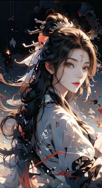 (Extremely exquisite and beautiful:1.2), 8k, (masterpiece, 最好of:1.0), , (长of_黑髮顏色ofhair_hair_woman:1.5), upper body, along_毛茸茸of人,hair，Red silk headscarf tied high，Cool and attractive, of_gaze, Wear black and red Hanfu,Villain，Dark Beauty， 以及复杂of细节, 以及复杂of细节, 精緻of眼睛和細緻of臉部, 完美of眼睛, 黑色of眼睛, 黑暗of, 诡异of灯光和阴影、white room background、 Uses backlight and rim light