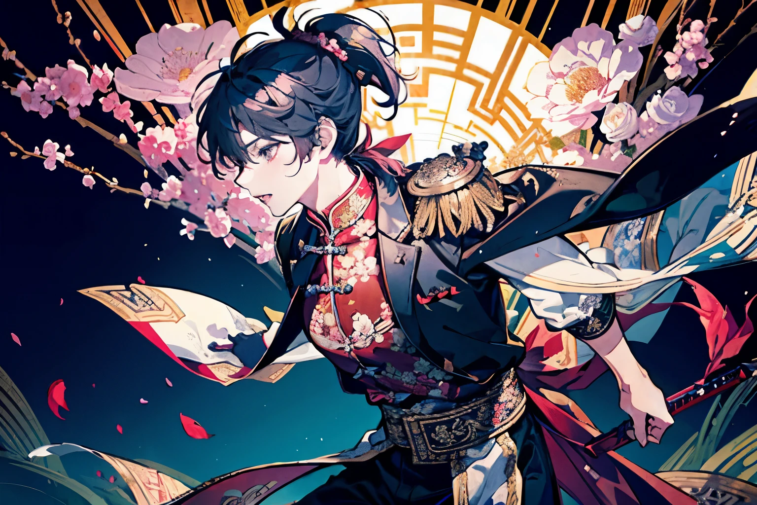 ((A boy about 16 years old)),(Ancient Chinese style war god costume),(ponytail:1.5),((Fantasy)),(Bright atmosphere background),((In combat)),(battlefield),(sword:1.3),((Active Movement)),(A lot of large flowers are overflowing),