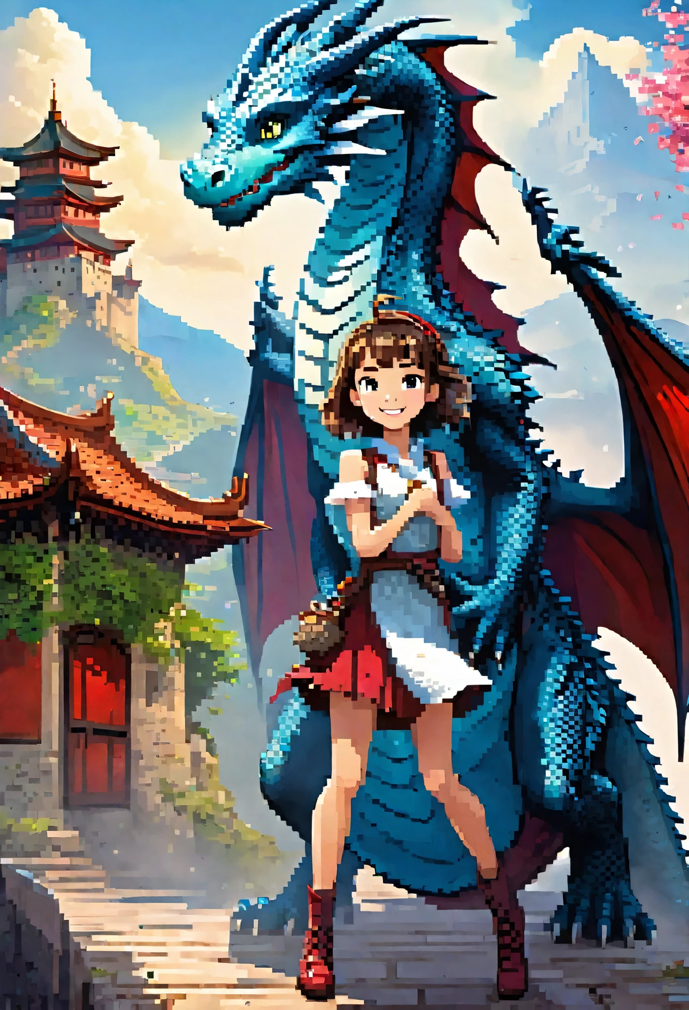 movie poster, highres, top quality, best quality, paid reward available, unparalleled masterpiece, perfect artwork, absurdres, High-quality illustrations, super high resolution, detailed background, perfect anatomy(1girl, dress skirt, large gragon, hugs)((movie of a Dragon and human girl))blue sky, smile, smile, happy, joyful, cinematic lighting, subtitles, English text,