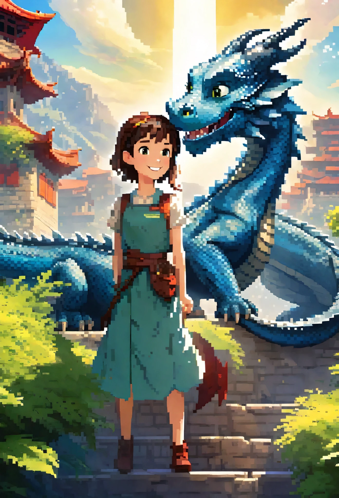movie poster, highres, top quality, best quality, paid reward available, unparalleled masterpiece, perfect artwork, absurdres, High-quality illustrations, super high resolution, detailed background, perfect anatomy(1girl, dress skirt, large gragon, hugs)((movie of a Dragon and human girl))blue sky, smile, smile, happy, joyful, cinematic lighting, subtitles, English text,