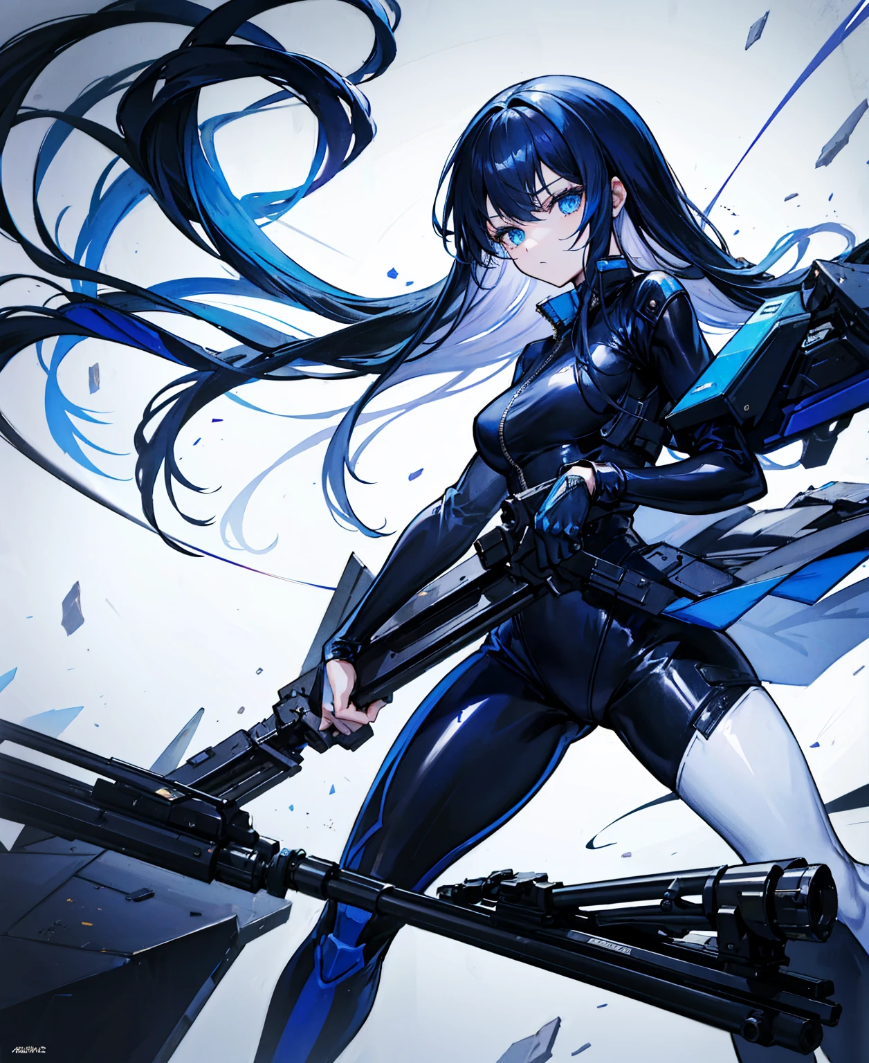 There is no background，girl，Carry a firearm，Patent leather tight suit，Use of firearms，Navy blue long hair，attention arousal，Blue colored eyes,No gradients